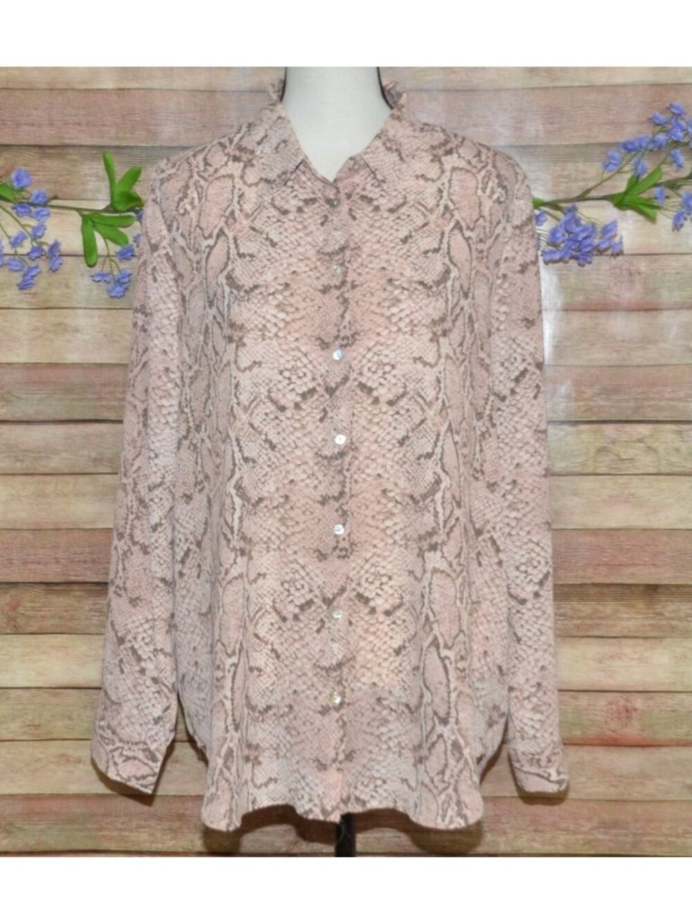 Rose + Olive Pink Brown Snakeskin Button Up Blouse Size XL Office Career Event